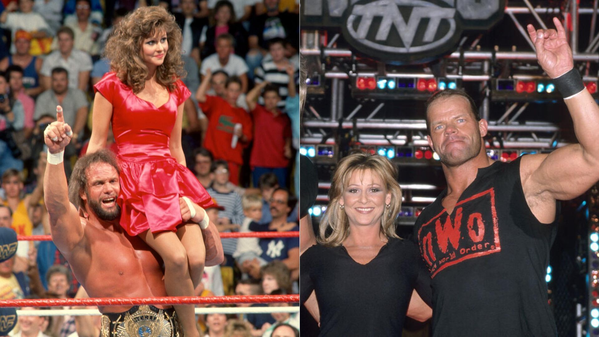 Miss Elizabeth with Randy Savage (left) and Lex Luger (right) [Image Credit: wwe.com]