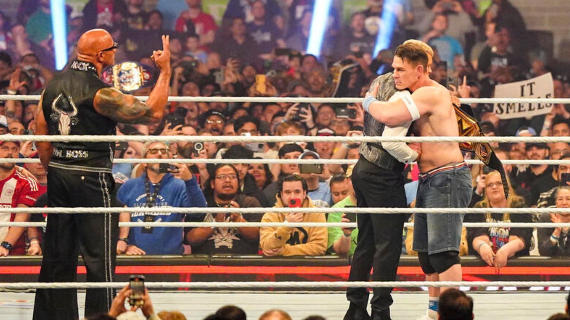 The Rock, John Cena, and Cody Rhodes at WWE Elimination Chamber 2025! [Image credit: WWE.com]