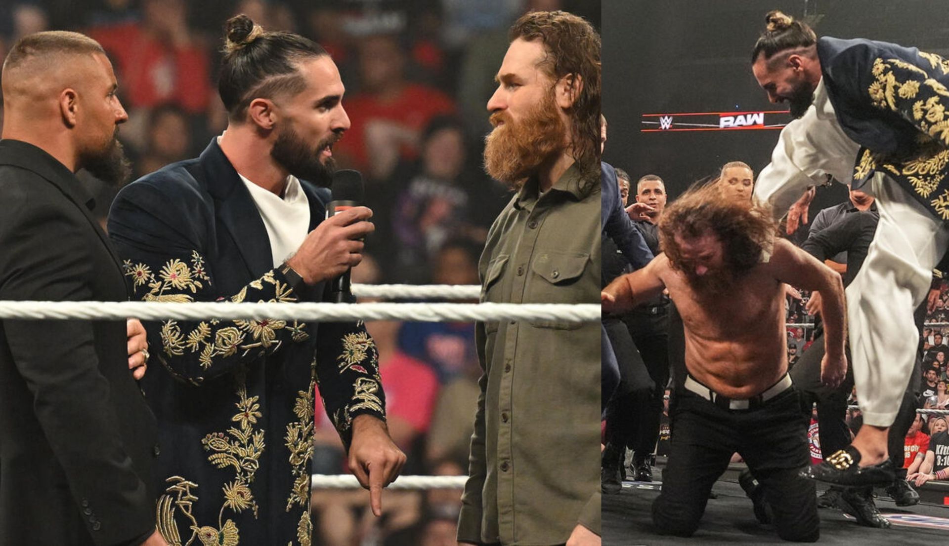 सैथ रॉलिंस, सैमी ज़ेन से बात करते और उनपर हमला करते हुए (Photo: WWE.com)