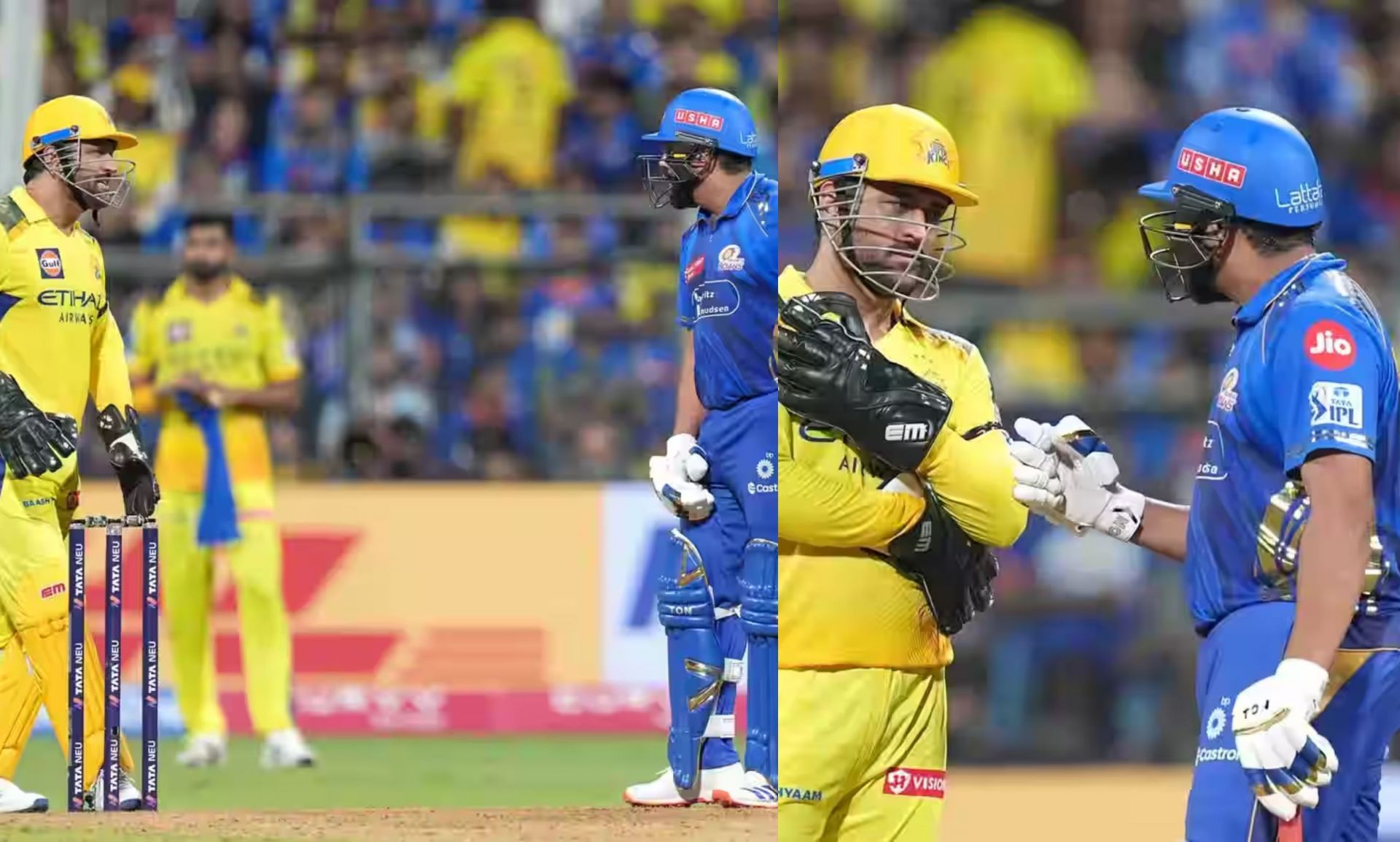 MS Dhoni and Rohit Sharma chatting during MI vs CSK IPL 2025 match. (Images: bcci.tv)