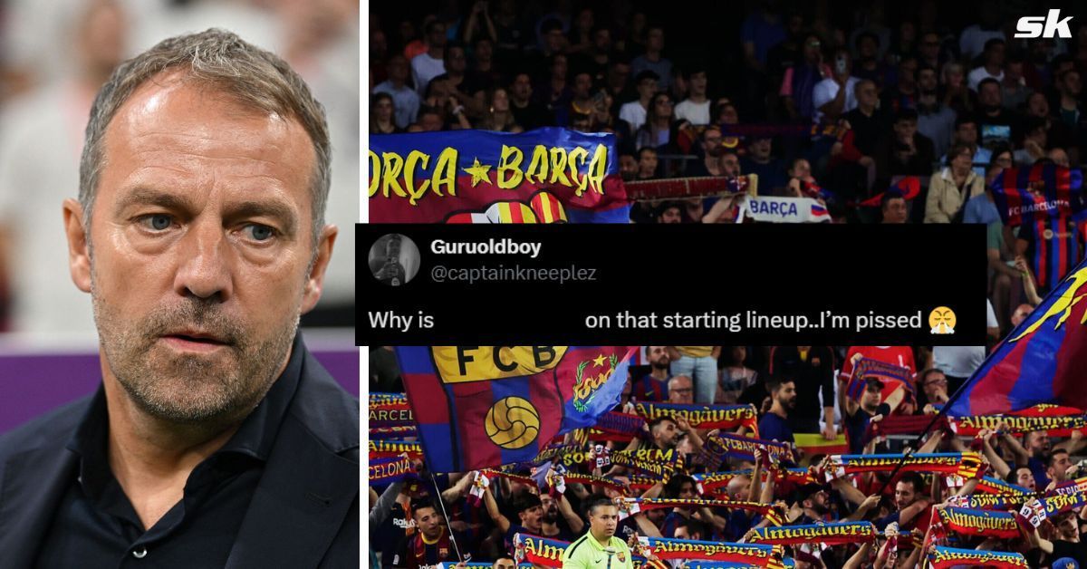 L to R: Hansi Flick and Barcelona fans (Images via Getty and X/@captainkneeplez)