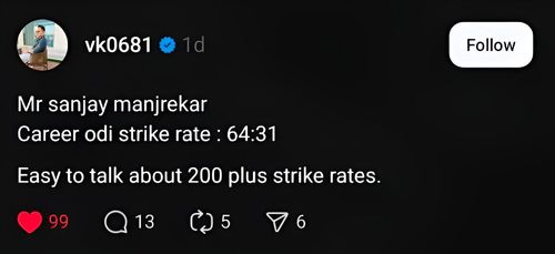 Screenshot of Vikas Kohli's Threads post for Sanjay Manjrekar - Source: Vikas Kohli/Threads