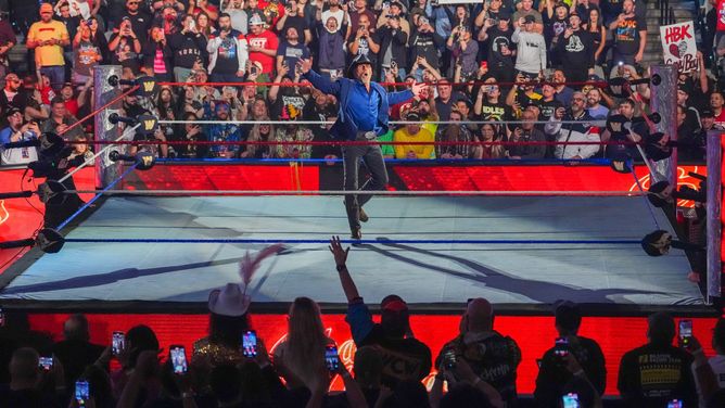 Shawn Michaels reacts after shocking WWE title change