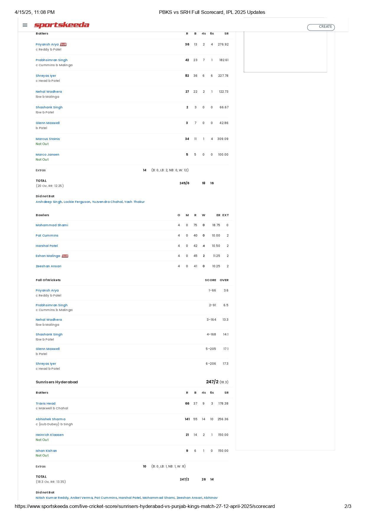 SRH vs PBKS 2025 scorecard.