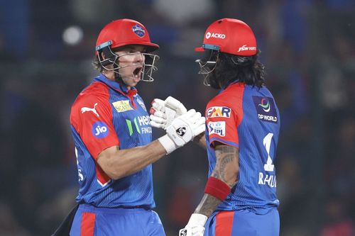 Tristan Stubbs and KL Rahul celebrate DC's win. (Credits: IPL X)