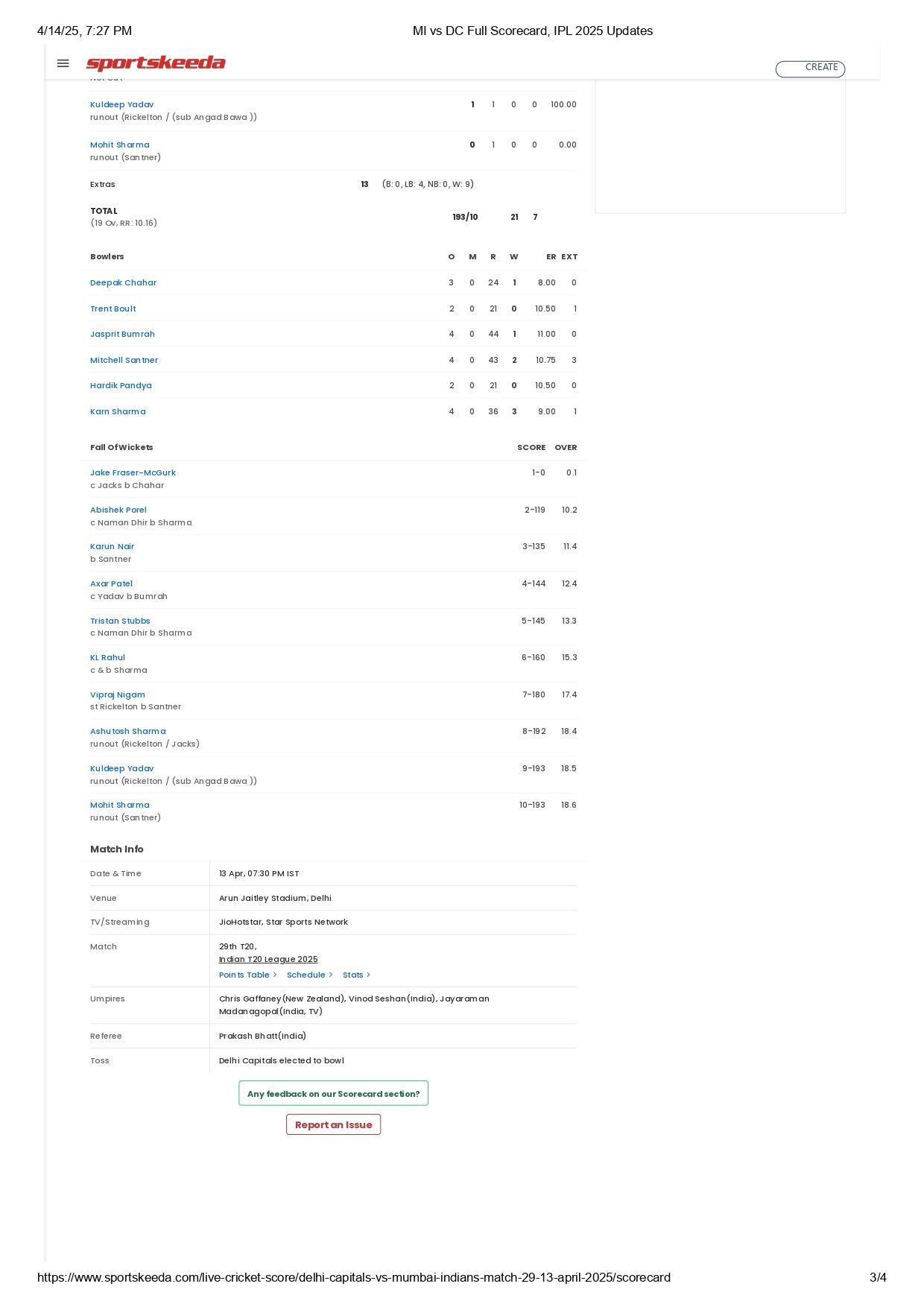 MI vs DC 2025 scorecard.