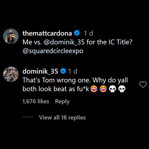 Dominik Mysterio posts a hilarious comment. [Picture Courtesy: Matt Cardona's Instagram post]