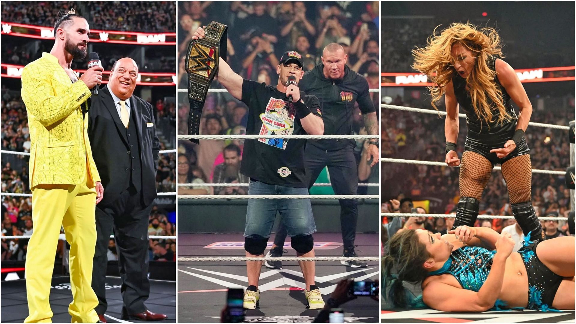 Seth Rollins, John Cena, and Becky Lynch