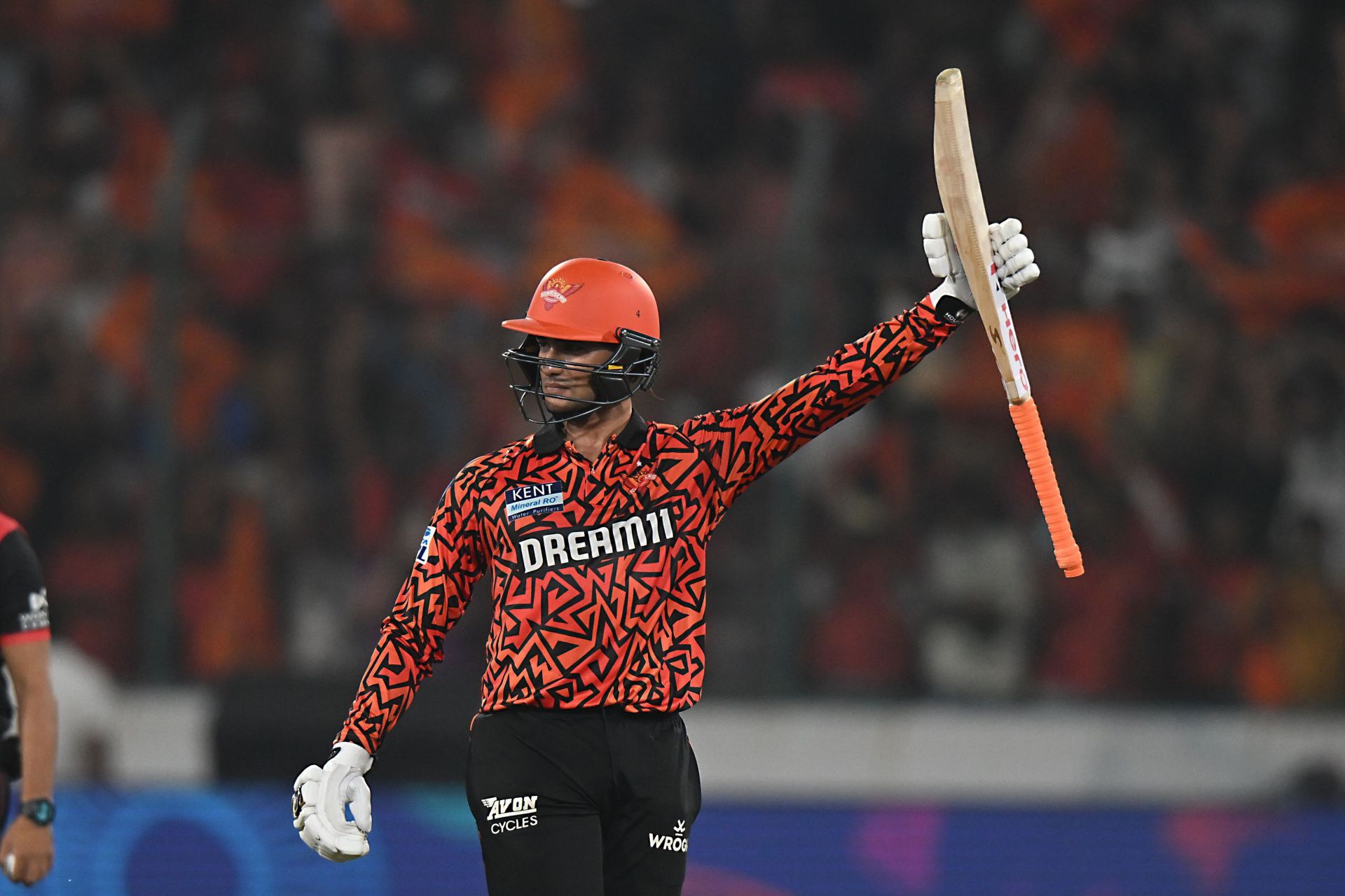 Abhishek Sharma raising his bat during 2025 IPL - SunRisers Hyderabad v Punjab Kings match - Source: Getty