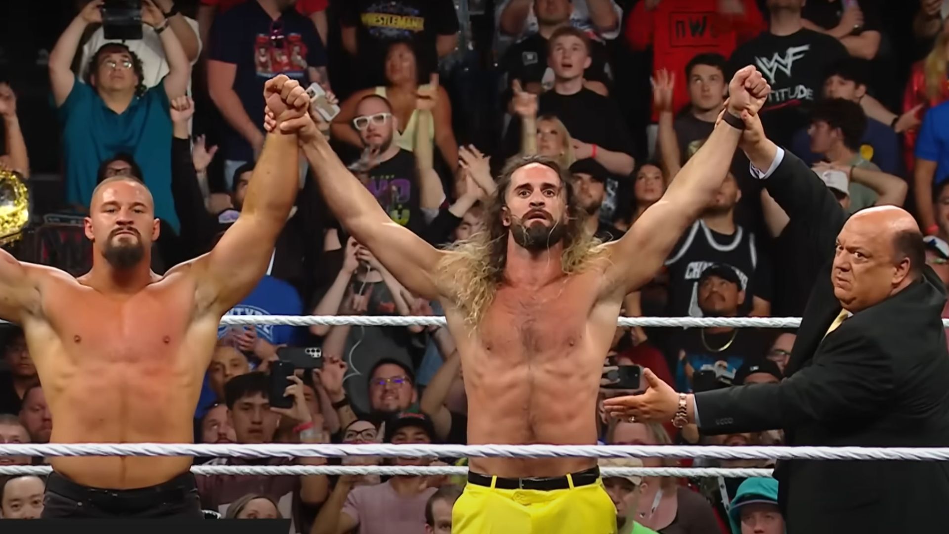 (From the left) Bron Breakker, Seth Rollins, and Paul Heyman [Image Credits: WWE
