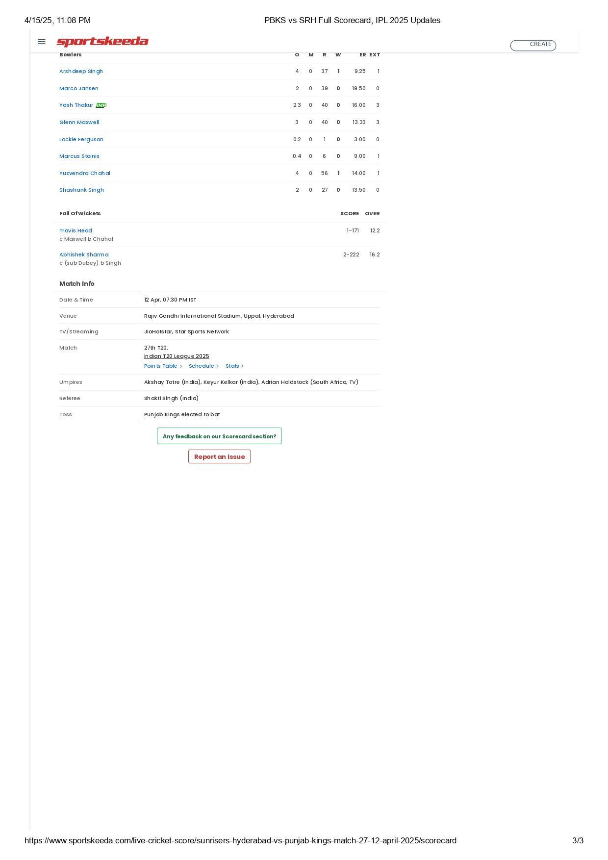 SRH vs PBKS 2025 scorecard.