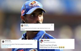 "Trying to become the batter to get retired out twice in one season" - Fans brutally slam Tilak Varma for sluggish knock in MI vs DC IPL 2025 clash