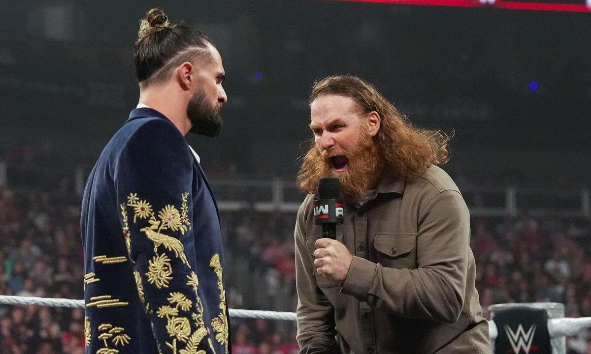 Sami Zayn in a heated conversation with Seth Rollins on Monday Night RAW. [Photo credit: WWE.com]