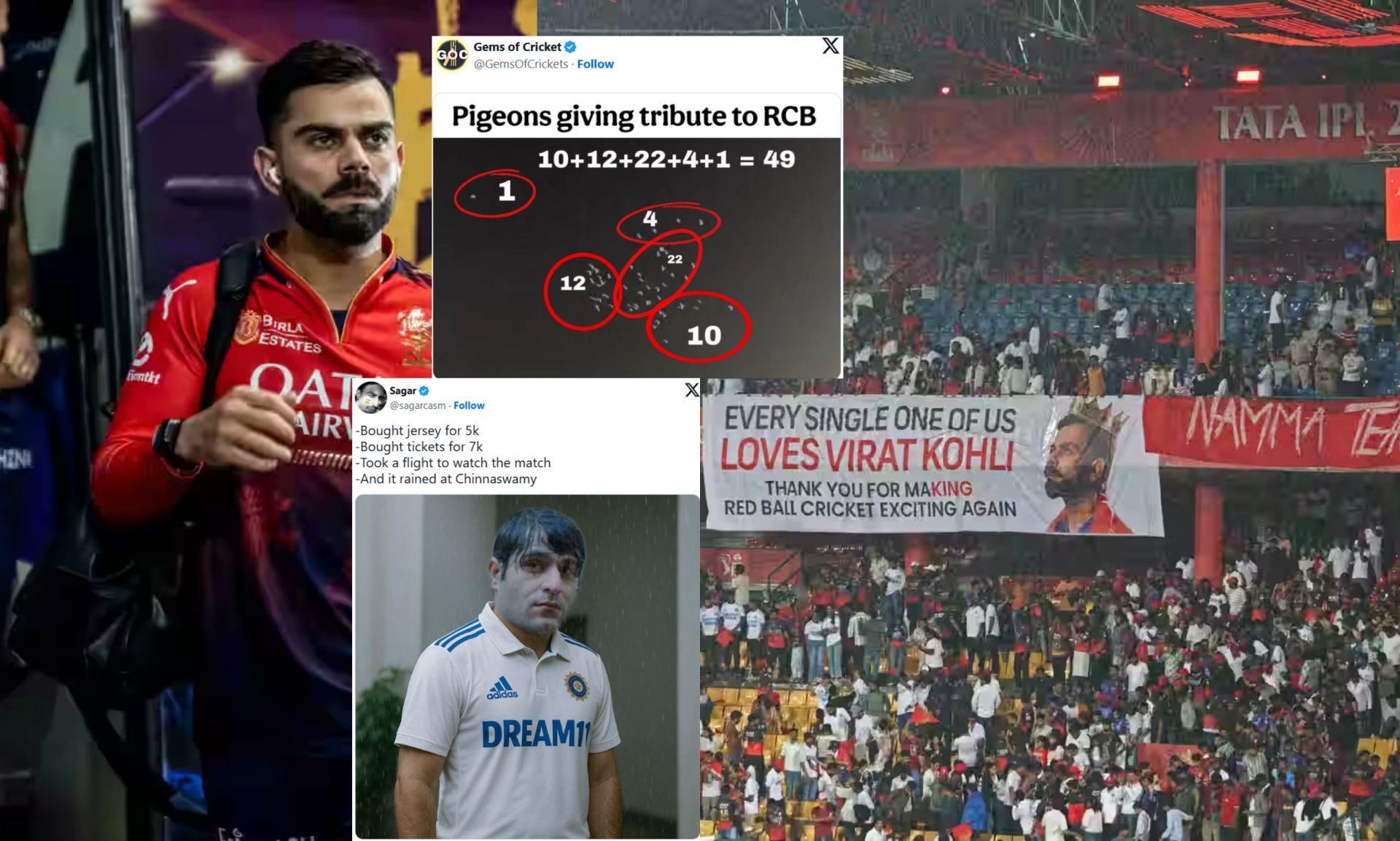 Fans react after rain washed out RCB vs KKR IPL 2025 match. (Images: bcci.tv, X - @sagarcasm, @GemsOfCrickets)