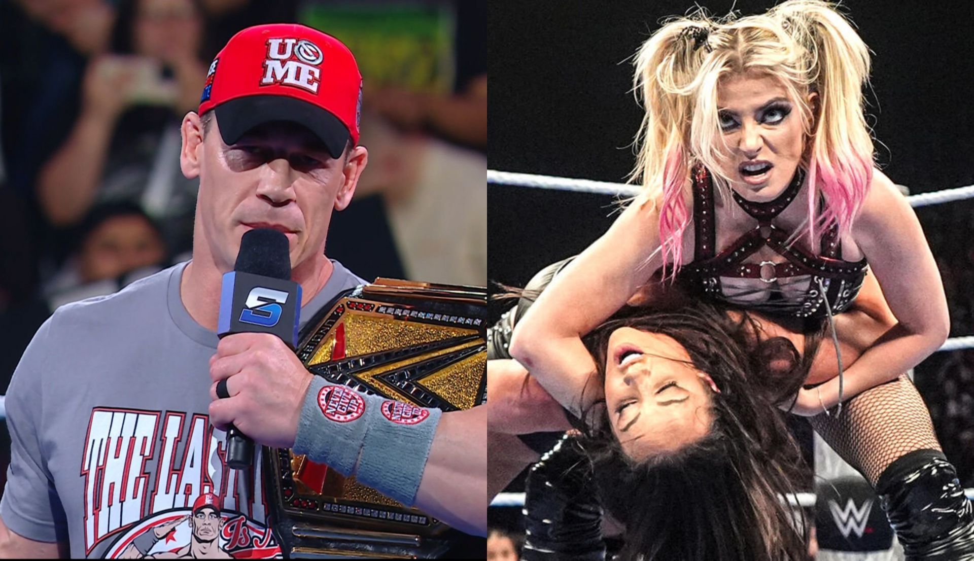 जॉन सीना प्रोमो कट करते और एलेक्सा ब्लिस मूव लगाते हुए (Photo: SK Wrestling X &amp; WWE.com)