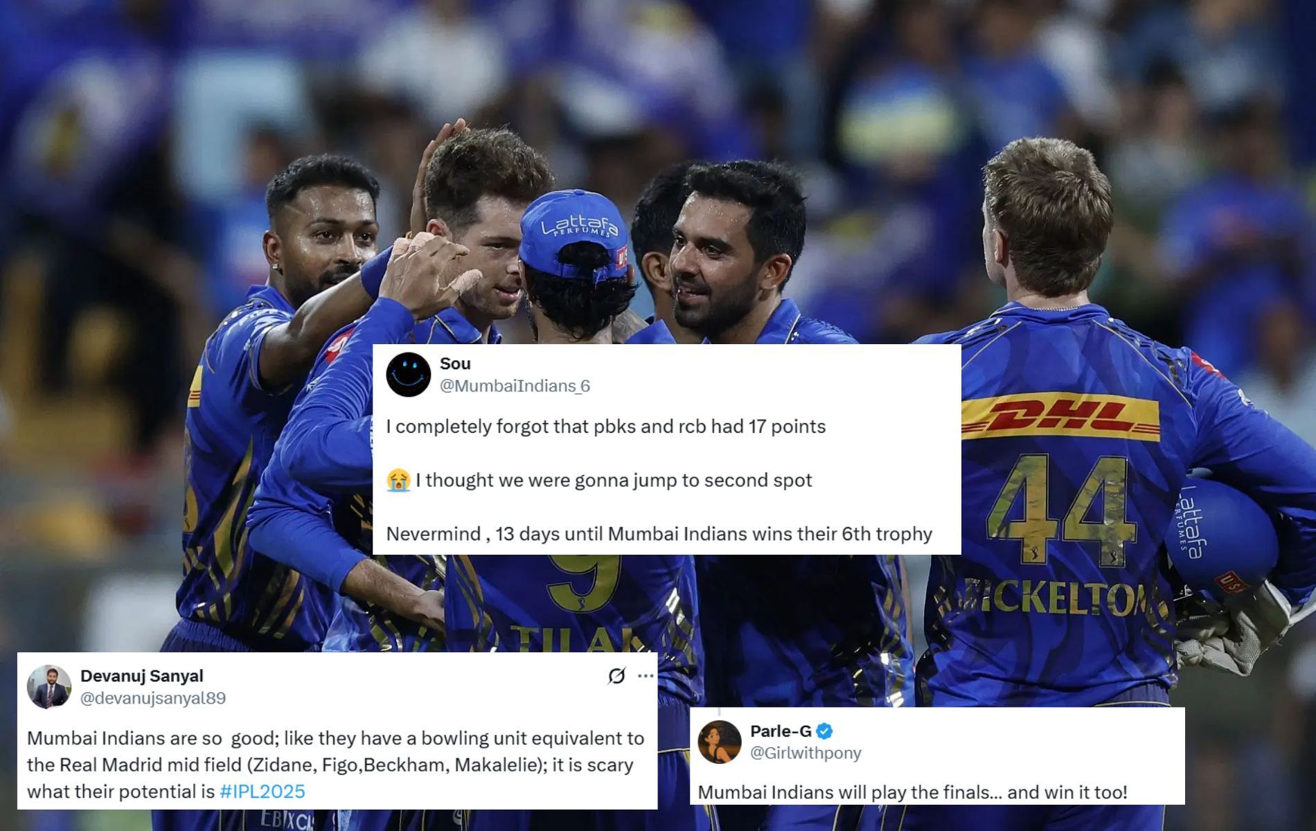 [Image credit: Getty, @Girlwithpony, @devanujsanyal89, @MumbaiIndians_6 X handles]