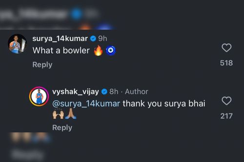 Suryakumar Yadav drops a comment on Vijaykumar Vyshak's post (Image via Instagram-@vyshak_vijay)