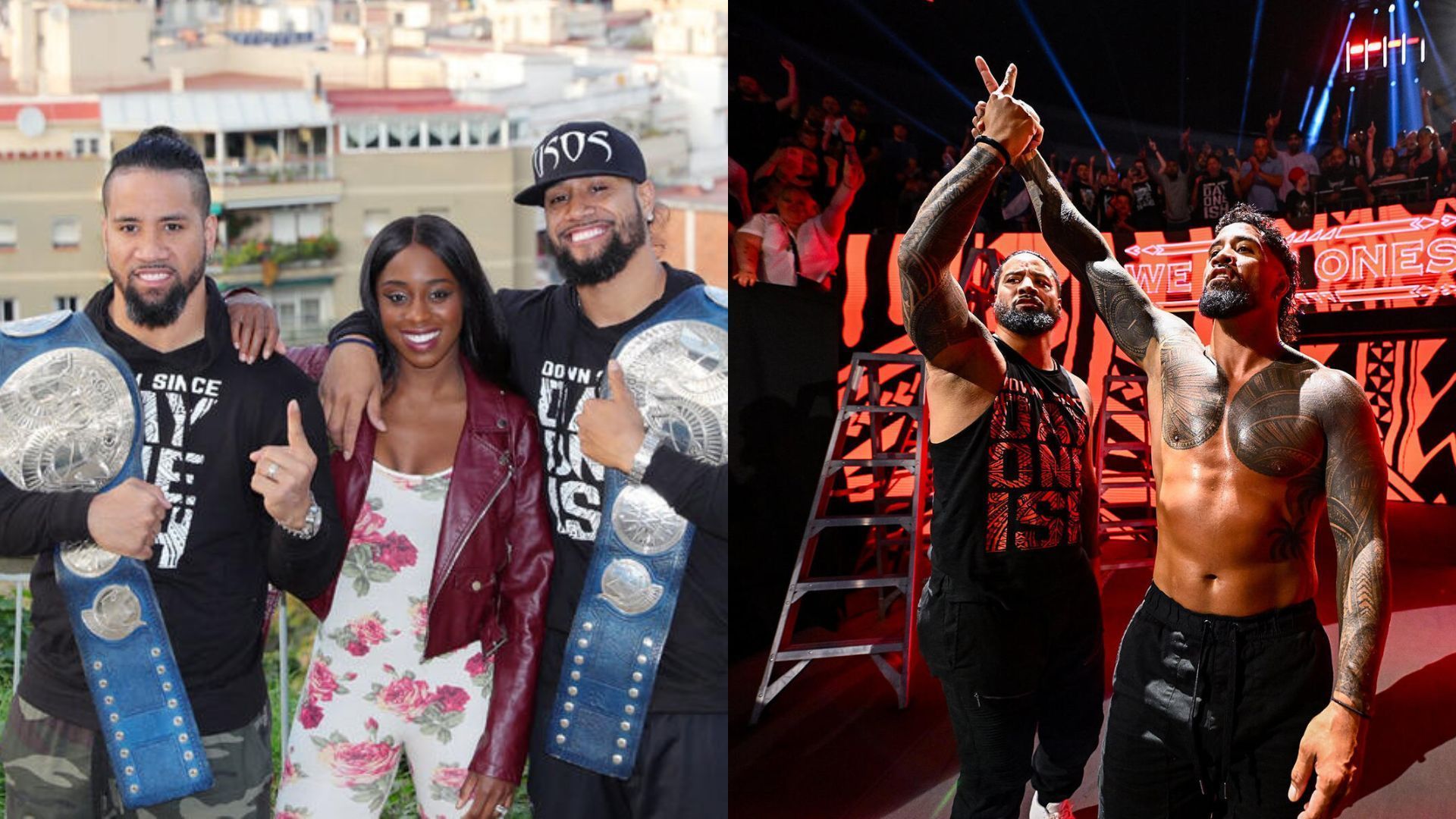 The Usos with Naomi (left), The Usos (right) (Image Credits: WWE.com)