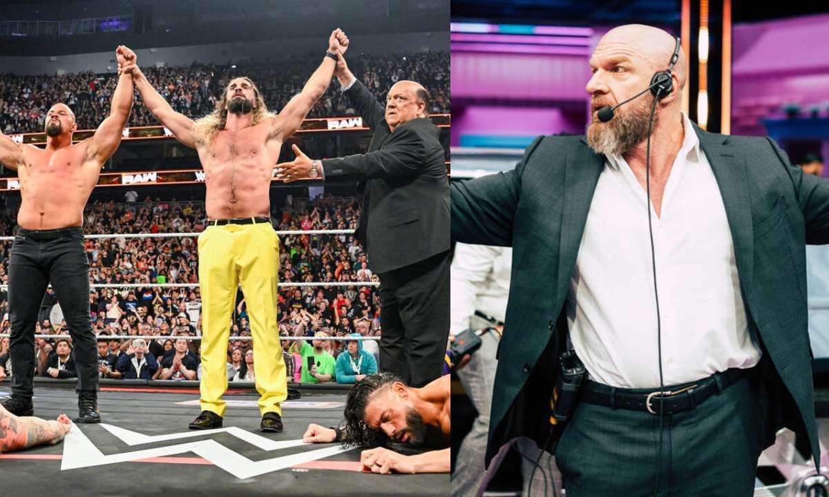 Seth Rollins, Bron Breakker, Paul Heyman (L) and WWE CCO Triple H (R). [Photo credit: WWE.com]