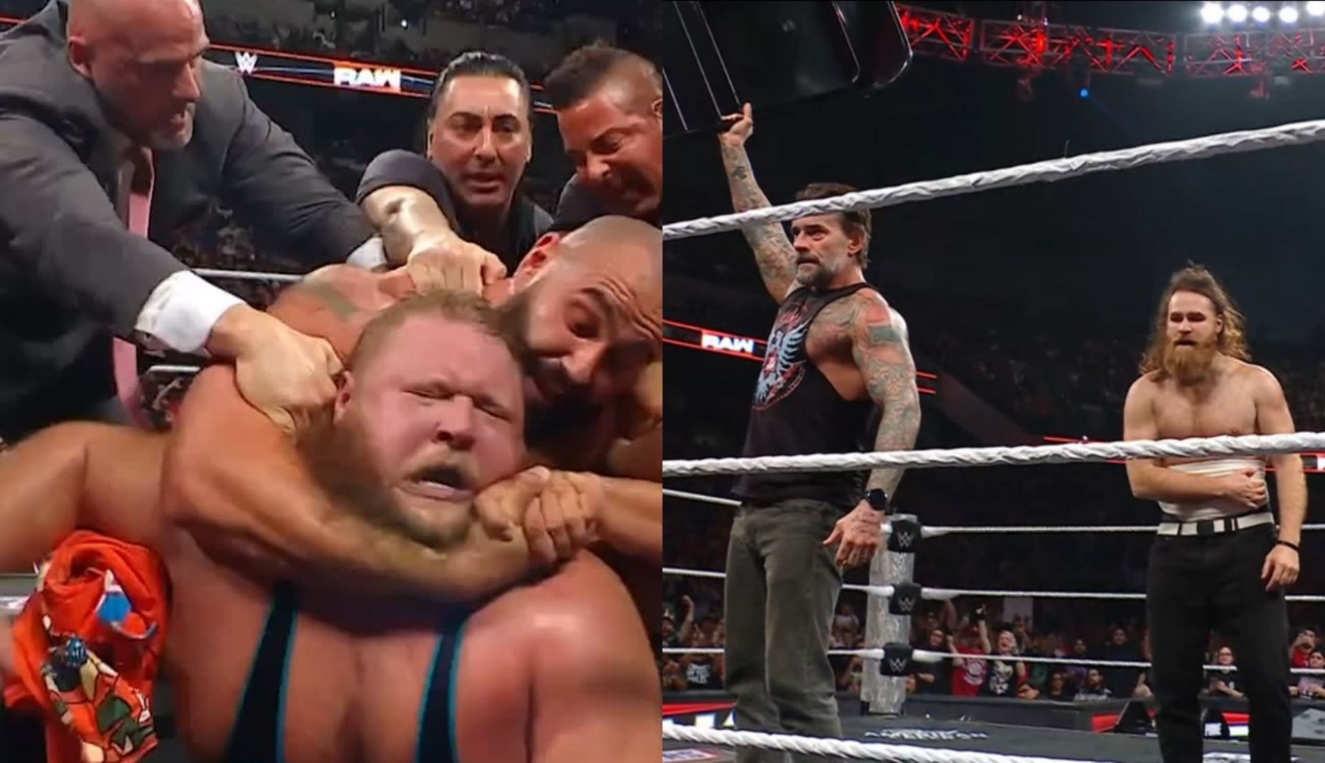 रुसेव, ओटिस पर हमला करते हुए और सीएम पंक स्टील चेयर के साथ (Photo: WWE Instagram SS &amp; SK Wrestling X)