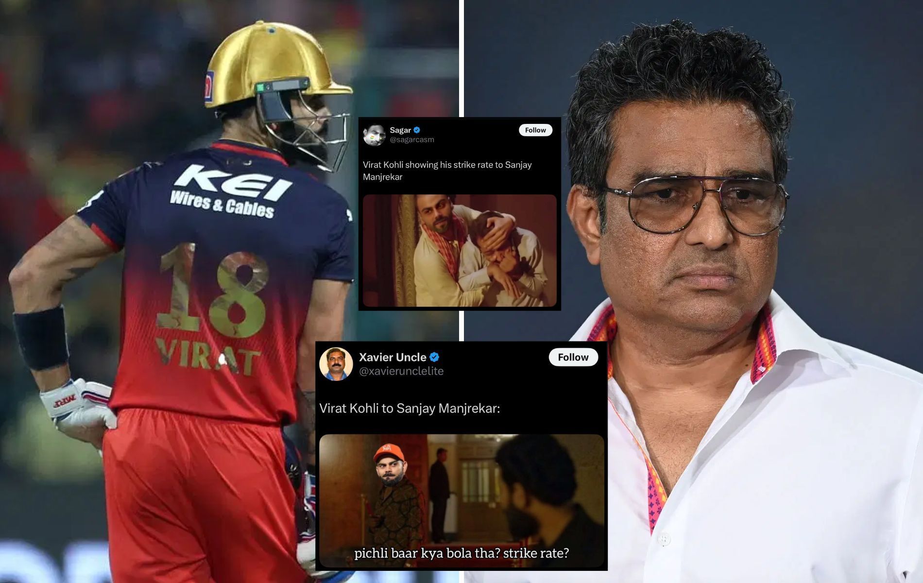 Virat Kohli scored 62 runs off 33 balls. (Pics: Getty Images/X/@sagarcasm/@xavierunclelite).
