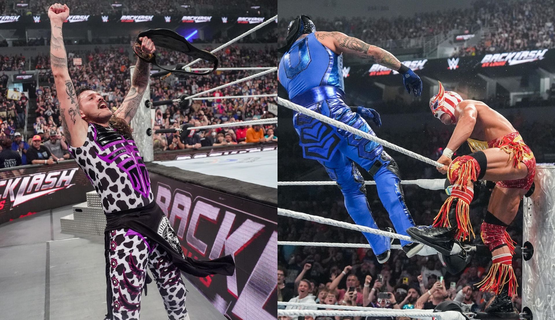 जीत के बाद डॉमिनिक मिस्टीरियो और पेंटा को धक्का देते एल ग्रांडे अमेरिकानो (Photo: WWE.com)