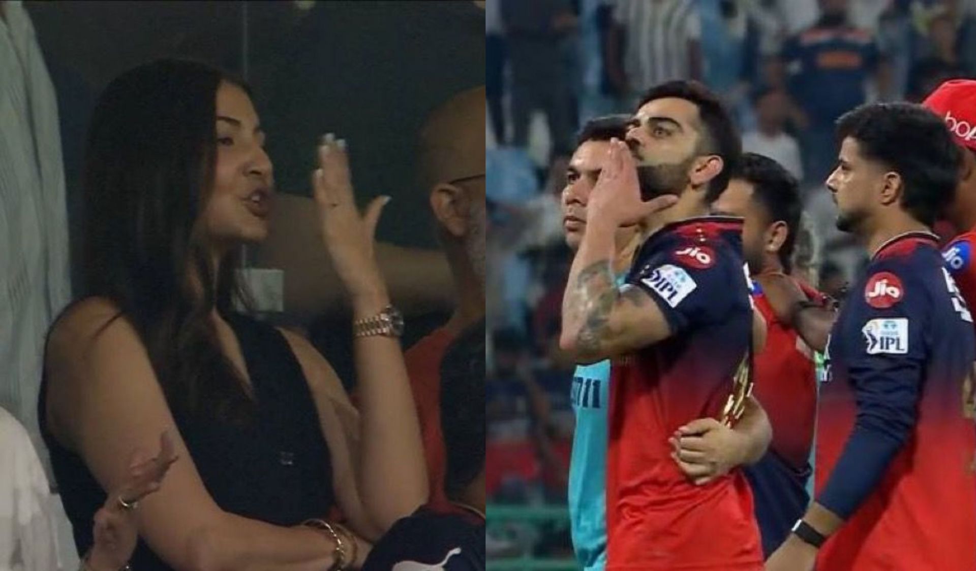 Anushka Sharma and Virat Kohli exchanging flying kisses after RCB vs LSG IPL match. (Images: IPL/X)