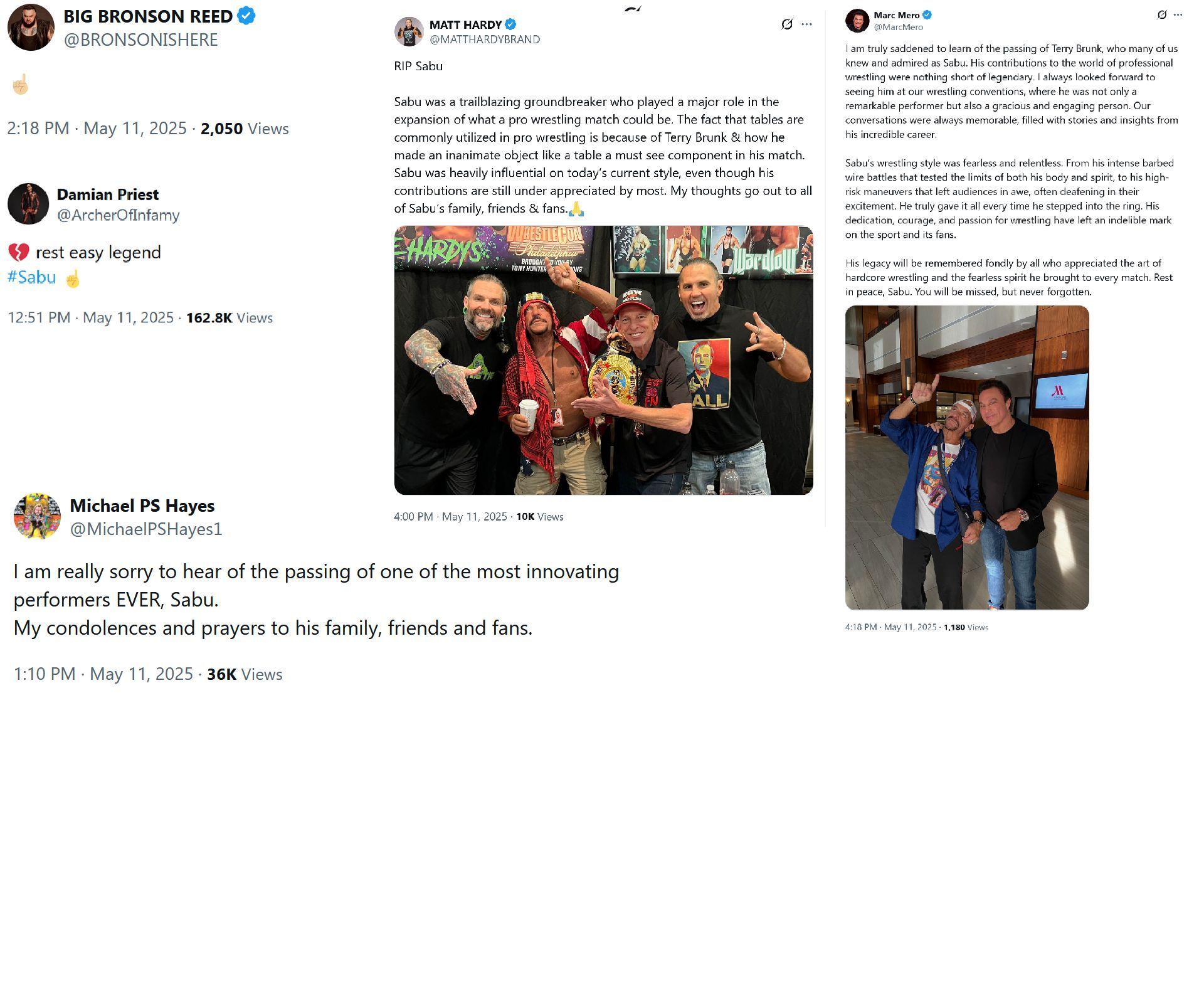 Screenshots of wrestlers paying tribute to Sabu on X [Photo Credits: X accounts of Marc Mero, Matt Hardy, Michael Hayes, Bronson Reed, and Damian Priest]