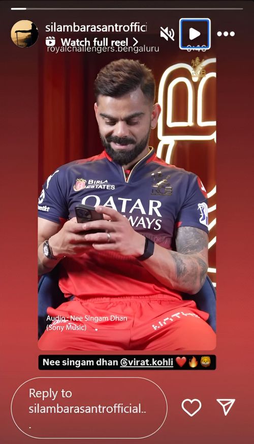 Screenshot of Silamabarasan TR's story reaction to Kohli's song revelation - Source: India Today