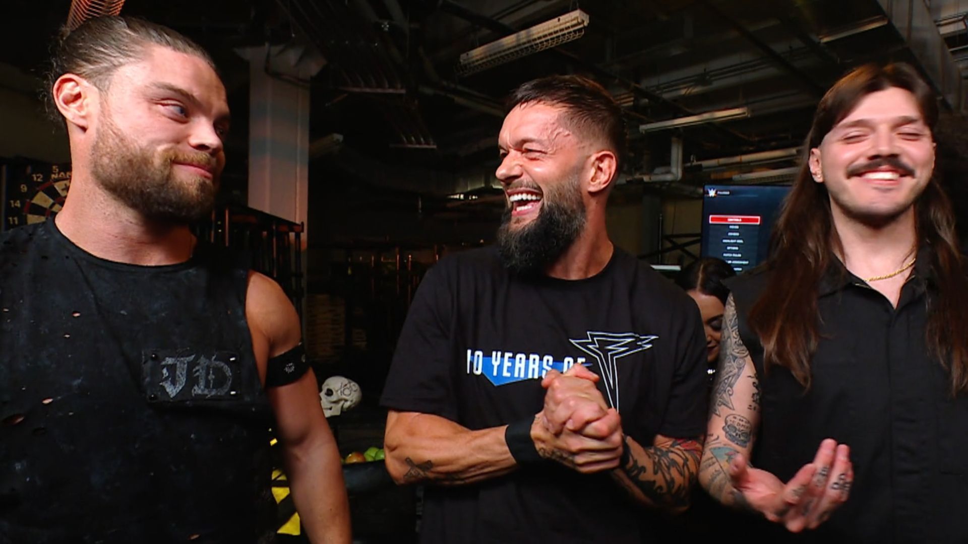 JD McDonagh, Finn Balor, and Dominik Mysterio on RAW. [Image from Netflix.com]