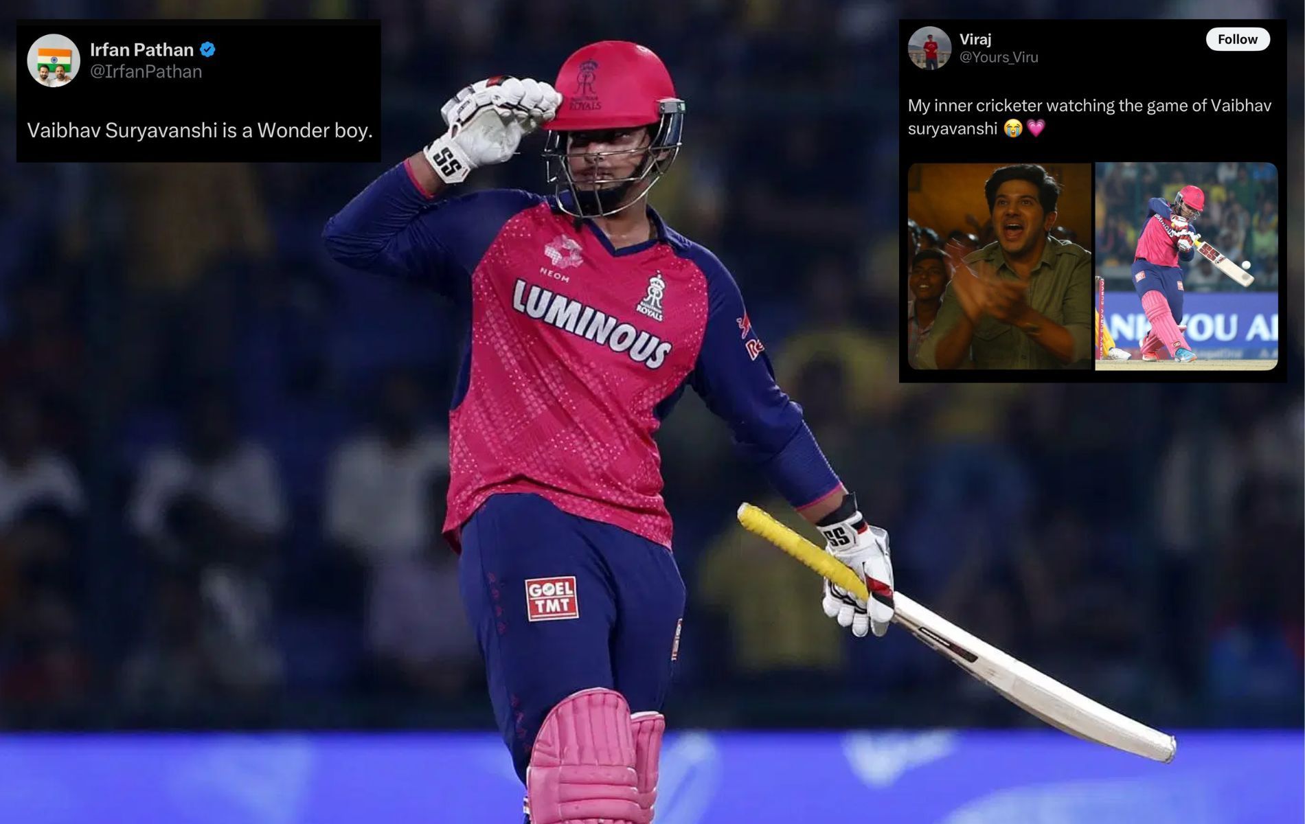 Vaibhav Suryavanshi scored 57 runs off 33 balls. (Pics: Getty Images/X/@IrfanPathan/@Yours_Viru).