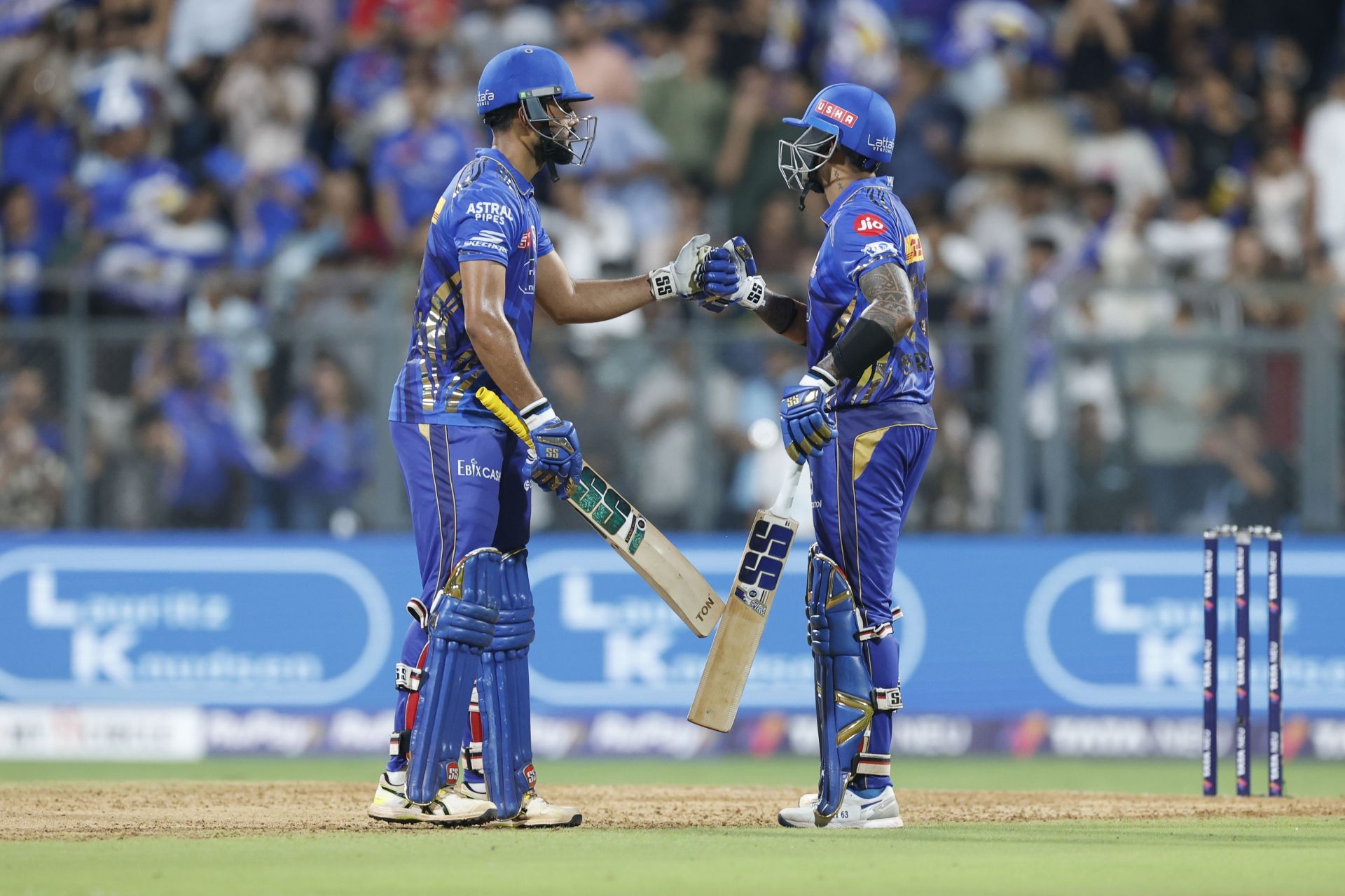 Suryakumar Yadav (right) and Naman Dhir smashed 48 runs in the last two overs of MI&#039;s innings in their IPL 2025 clash against DC. [P/C: Getty]