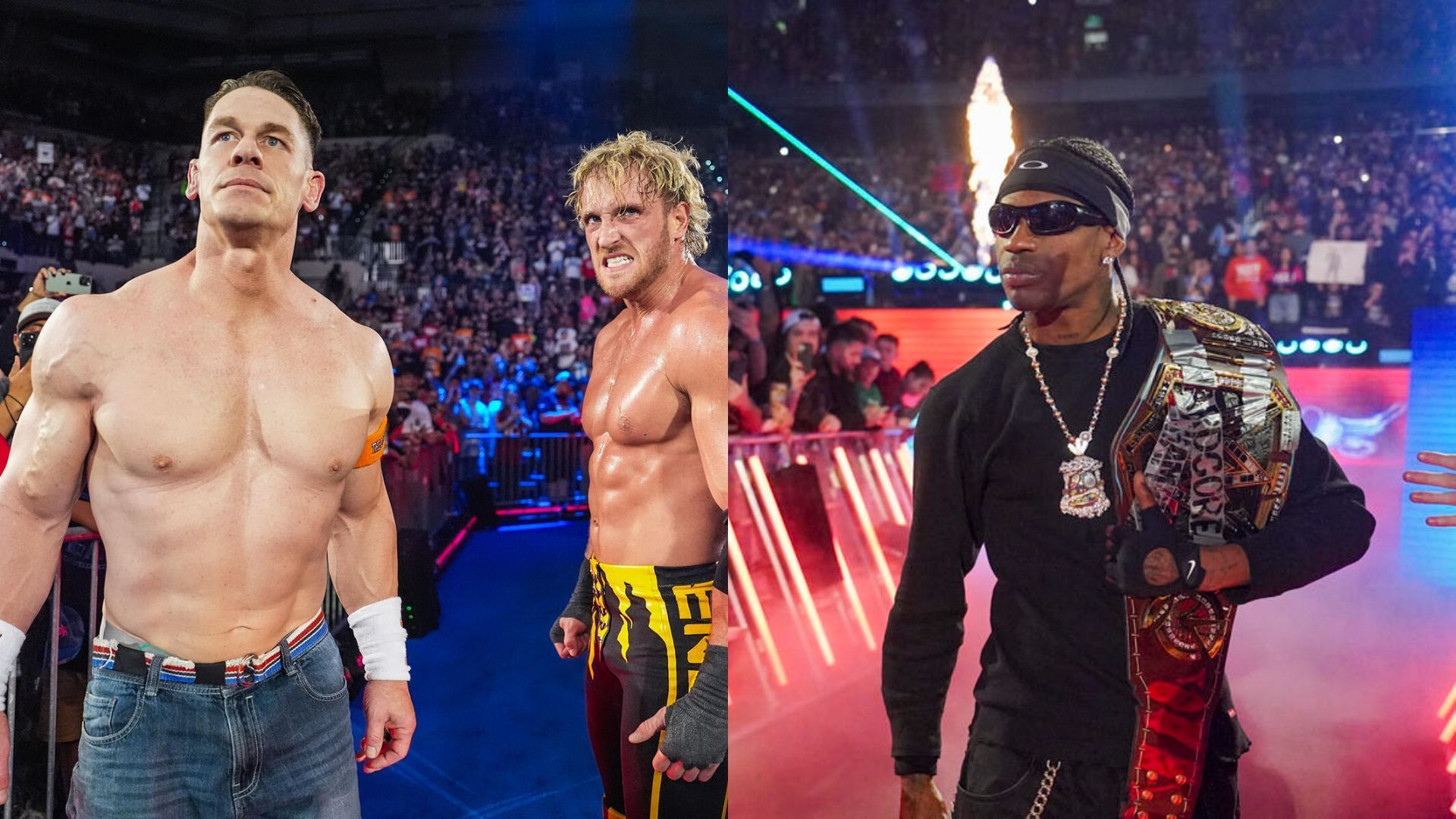 John Cena (L) and Logan Paul (M) will team up at MITB, with Travis Scott (R) potentially showing up [Images: WWE.com]