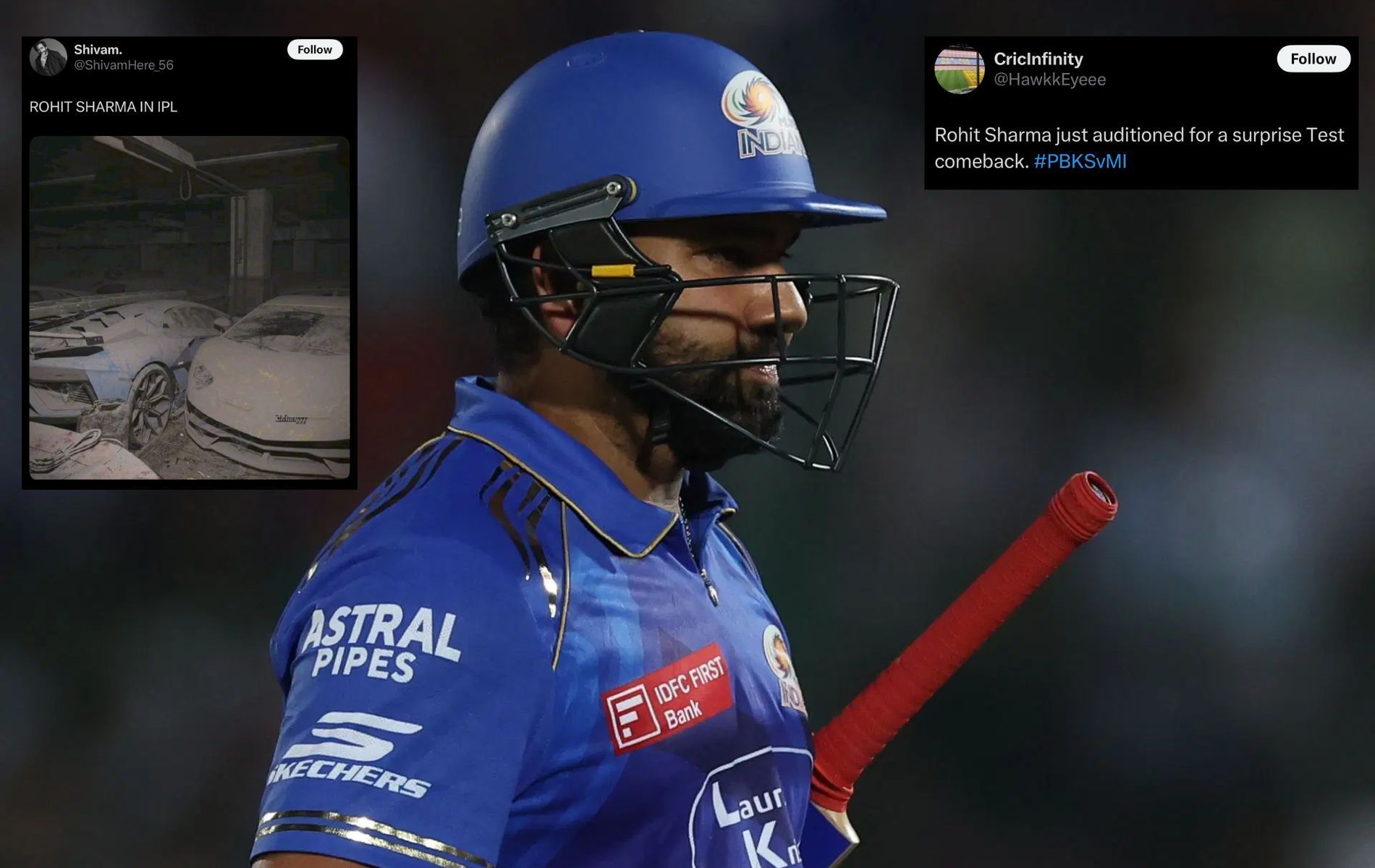Rohit Sharma scored 24 runs off 21 balls. (Pics: Getty Images/X/@HawkkEyeee/@ShivamHere_56).