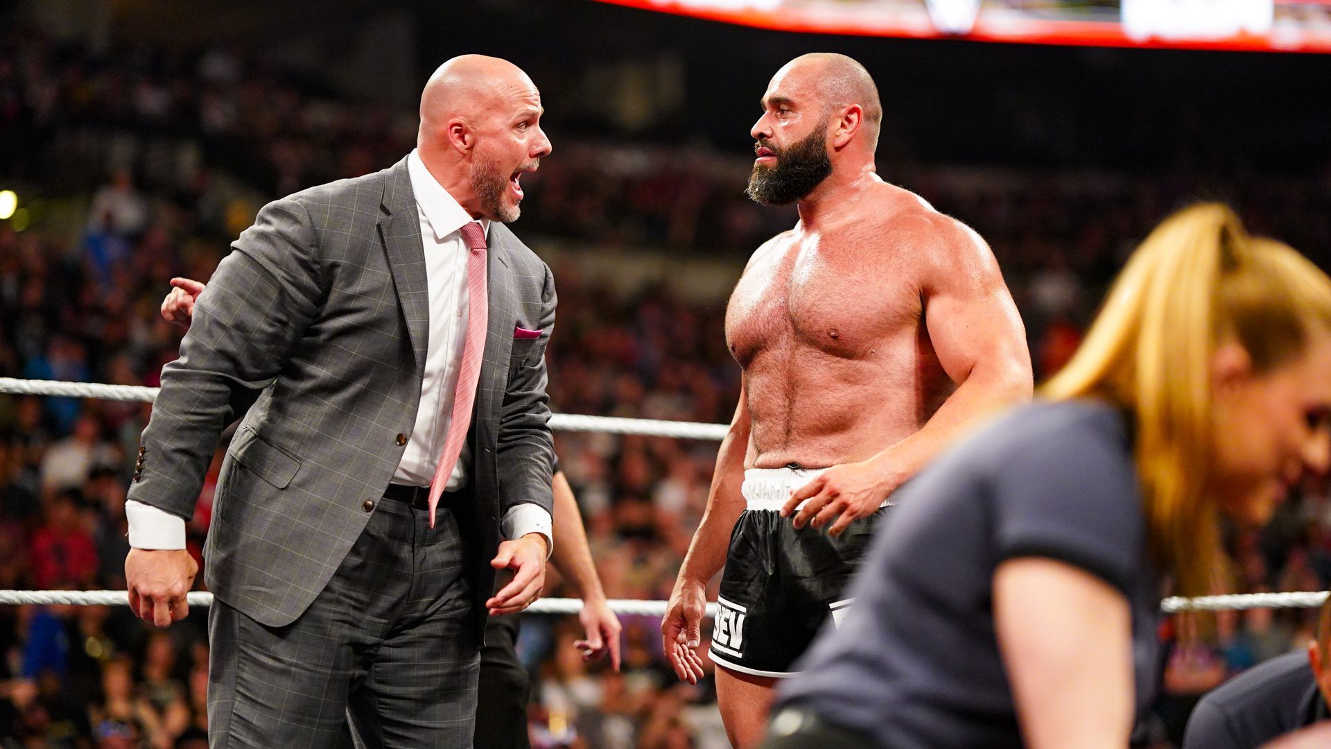 WWE RAW GM Adam Pearce has words with Rusev in the ring