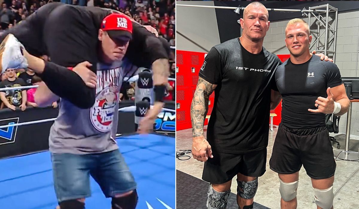 A fake Randy Orton tried to RKO John Cena on recent SmackDown. [Image credits: Myles &amp; WWE on X]