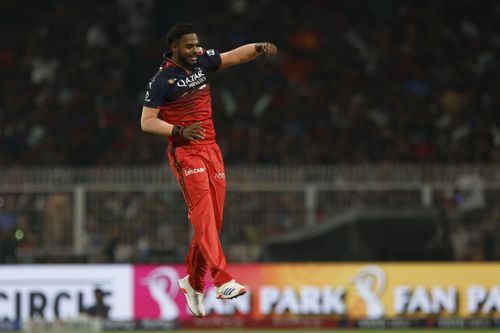 Yash Dayal celebrates picking up a wicket. - Source: Getty