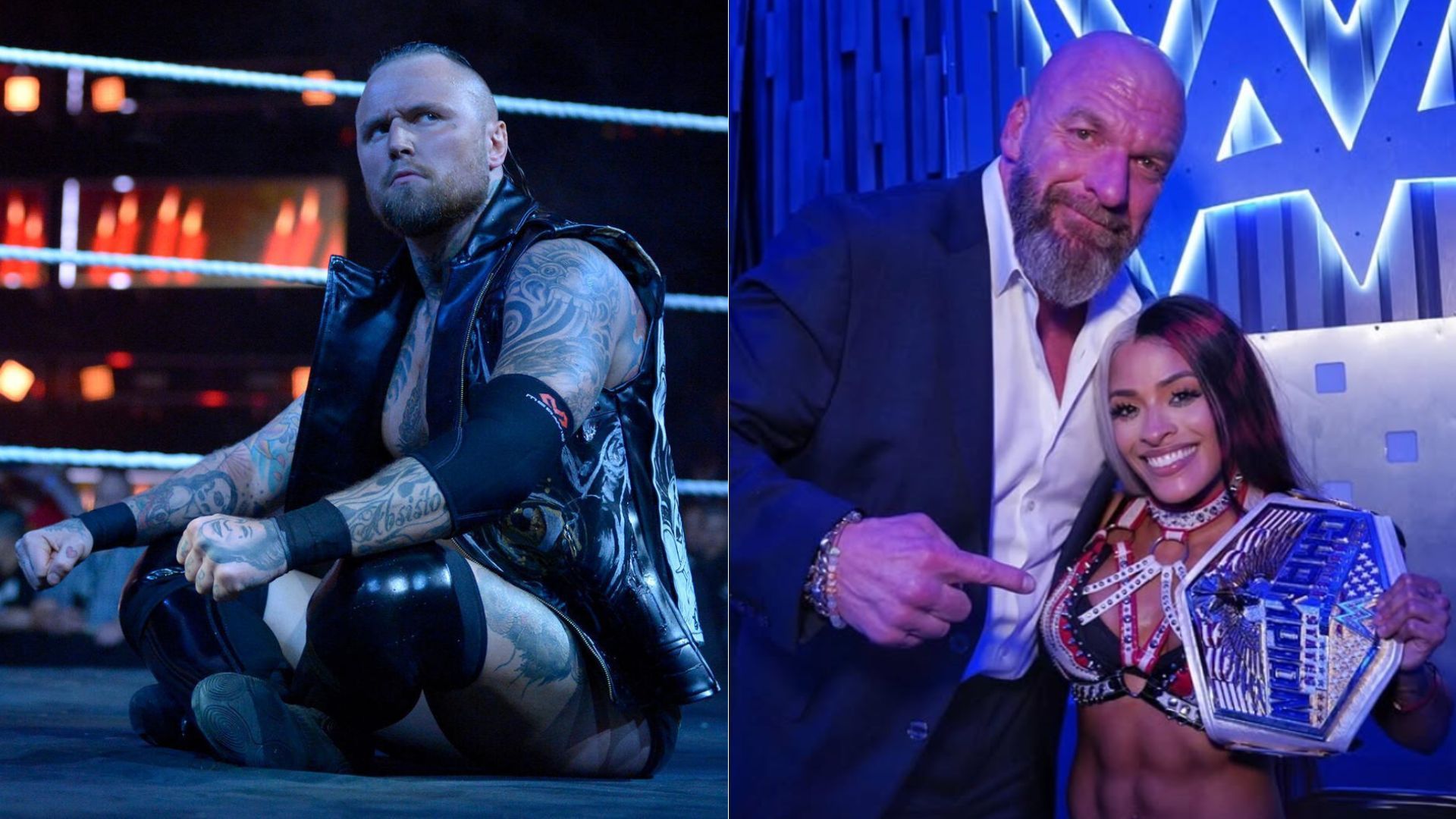 Aleister Black (left); Triple H and Zelina Vega (right) [Image Credits: wwe.com, instagram.com/tripleh]