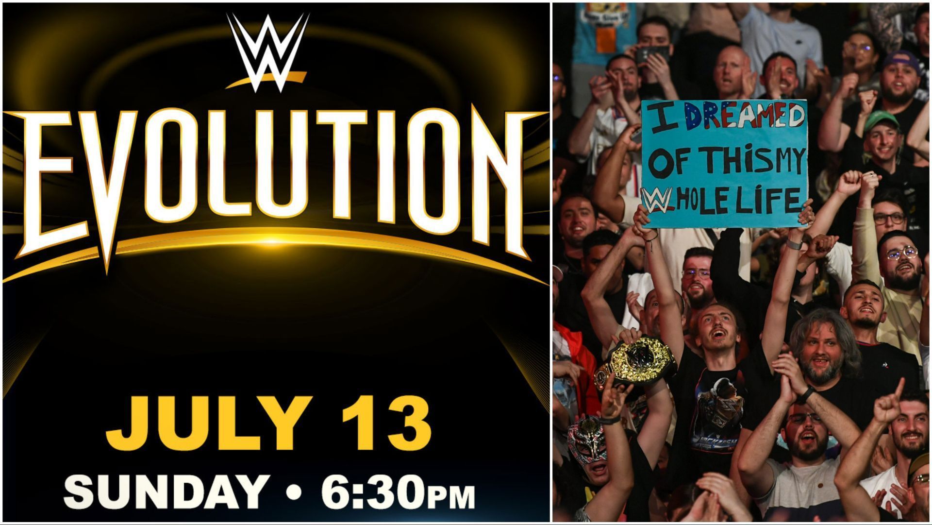WWE Evolution 2025 logo, the WWE Universe at a live SmackDown