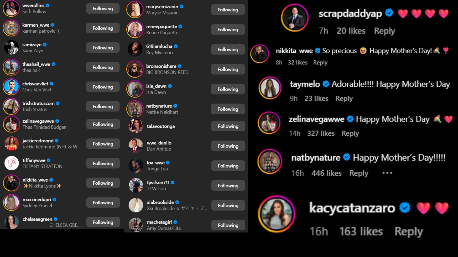 Screenshots of stars&#039; likes and comments [Image credit: Becky Lynch&#039;s Instagram]