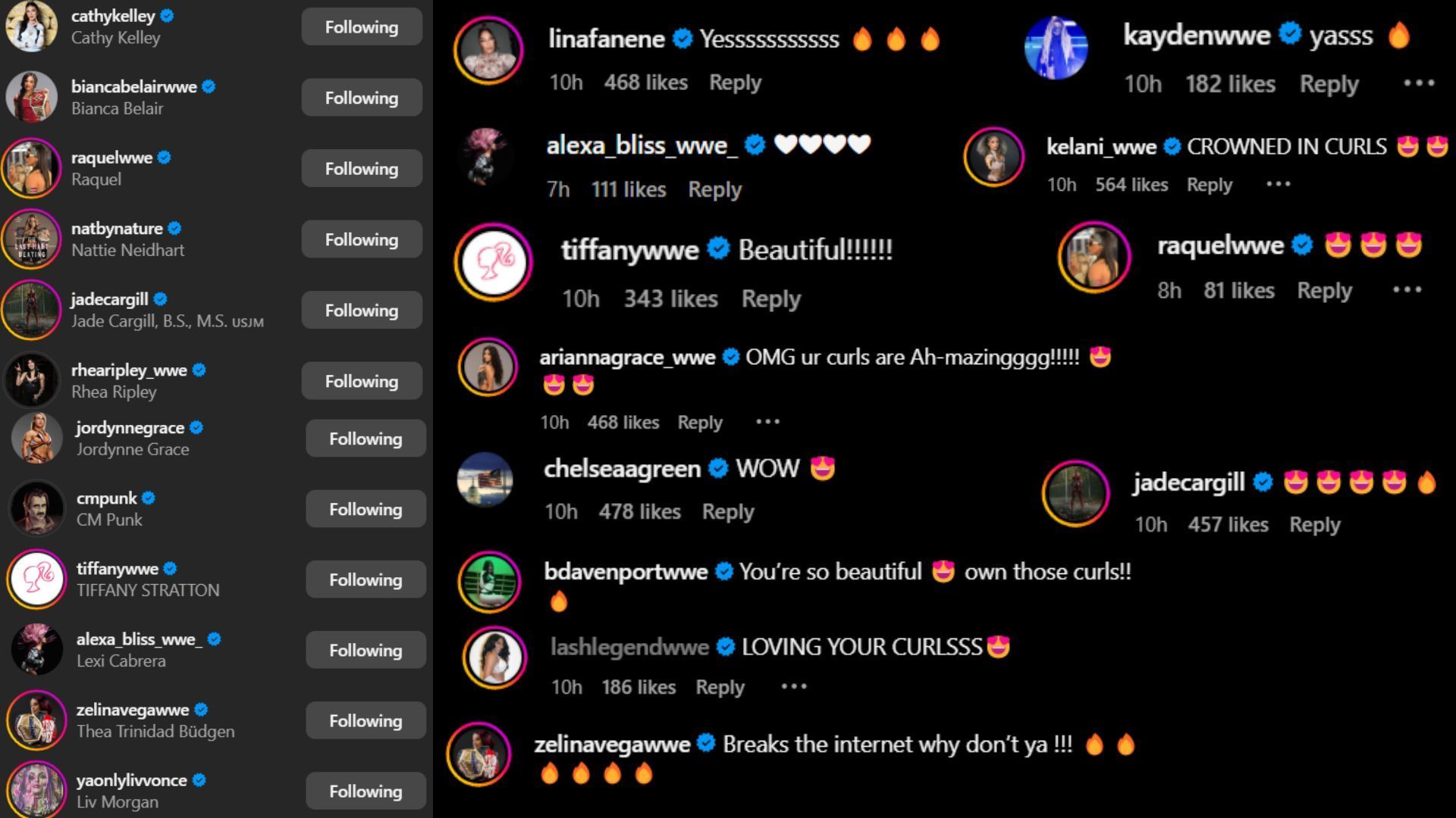 Screenshots of stars&#039; likes and comments [Image credit: Dakota Kai&#039;s Instagram handle]
