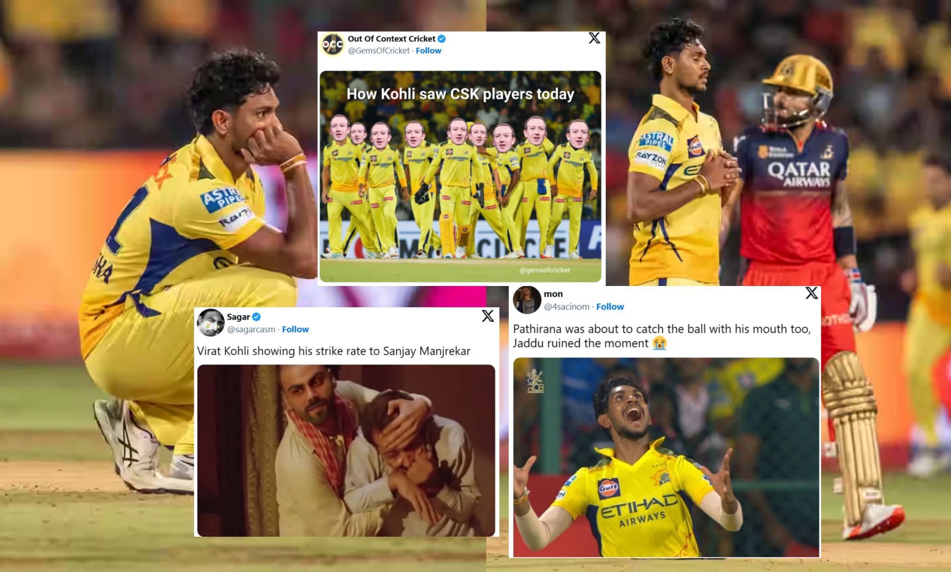 Fans react after 1st innings of RCB vs CSK match. (Image: bcci.tv, X - @sagarcasm, @GemsOfCricket, @4sacinom)