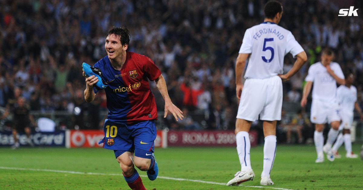 Lionel Messi celebrating after scoring in 2009 UCL final