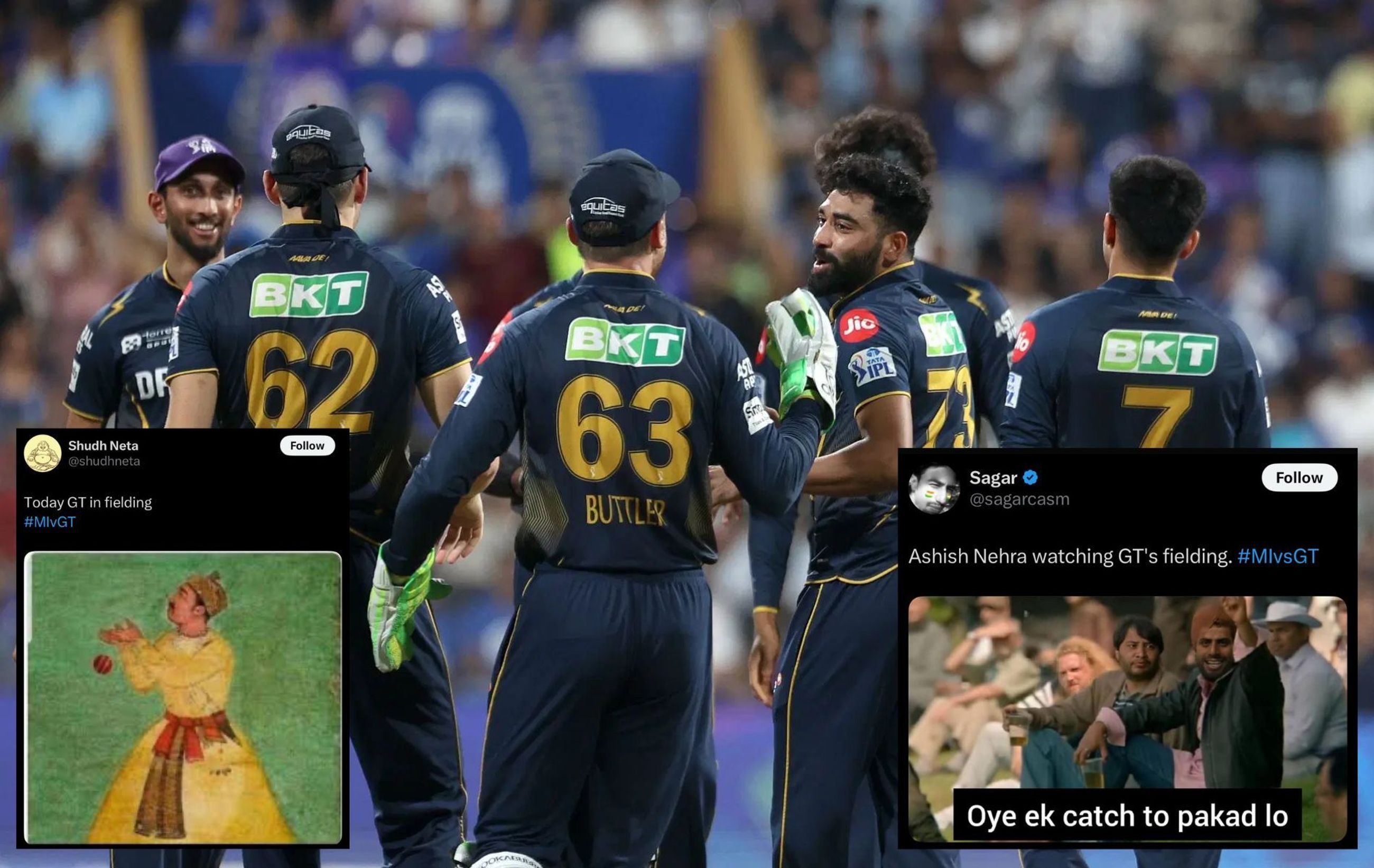 GT missed four catches in first eight overs against MI. (Pics: Getty Images/X/@sagarcasm/@shudhneta).