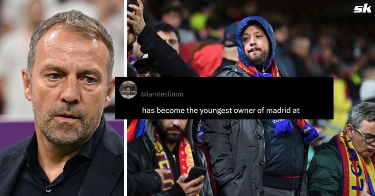 L to R: Hansi Flick and Barcelona fans (Images via Getty and X/@iamteslimm)