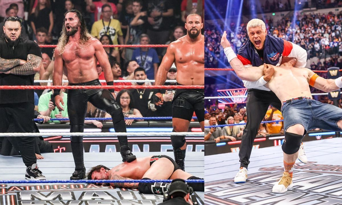Seth Rollins, Bron Breakker, Bronson Reed (L) and Cody Rhodes and John Cena (R). [Photo credit: WWE.com]