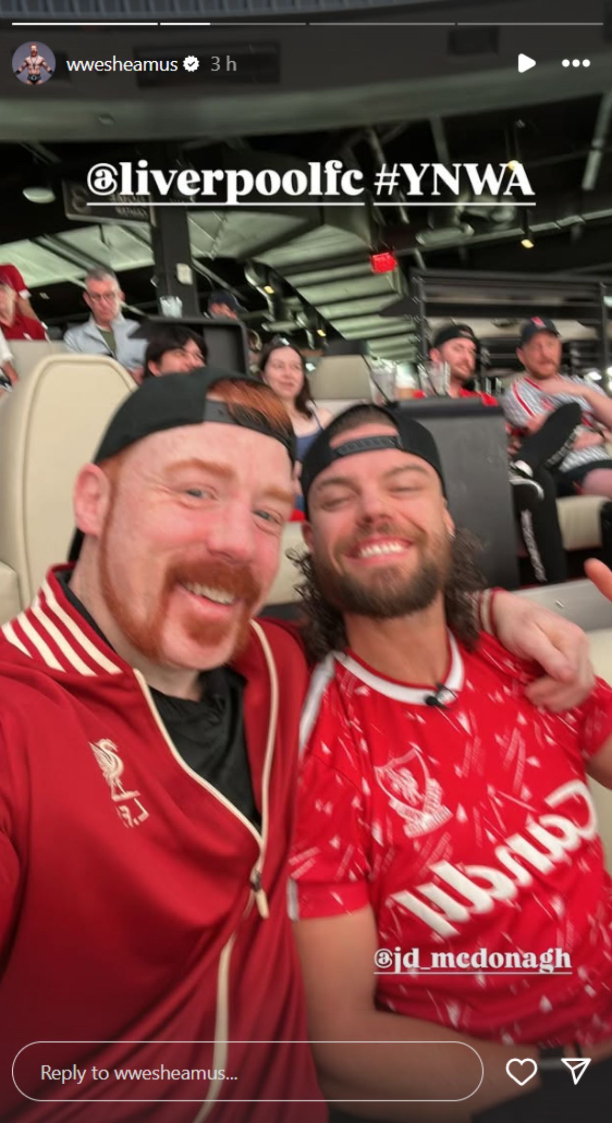 Sheamus and JD McDonagh pose for a selfie during a recent football match at Anfield. [Picture courtesy: The Celtic Warrior&#039;s Instagram story]
