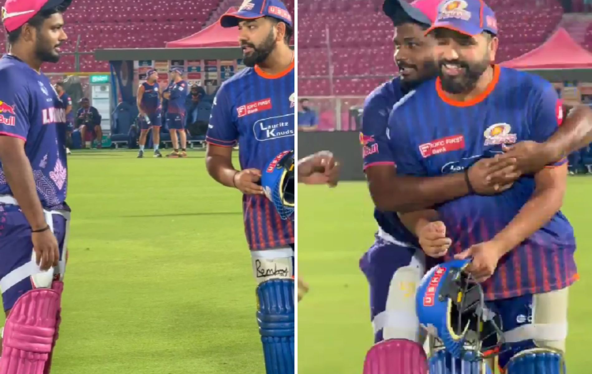 Rohit Sharma was in a playful mood with Sanju Samson ahead of the MI-RR clash [Image Credit: @rajasthanroyals X handle]