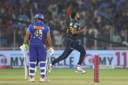 Mohammed Siraj celebrates Rohit Sharma's wicket. (Credits: Getty)