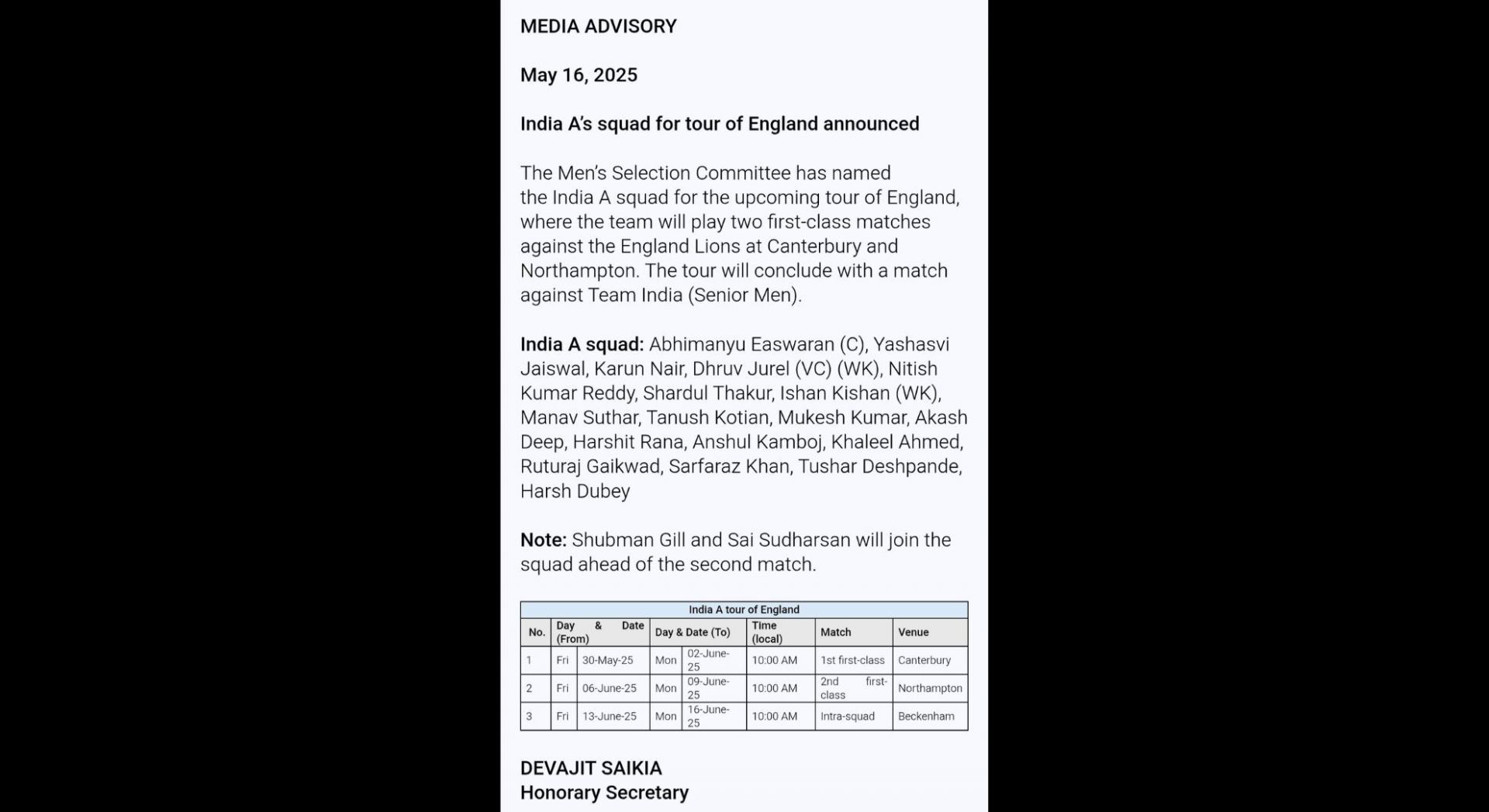 India A squad for the 2025 England tour. [Pic credits: BCCI]